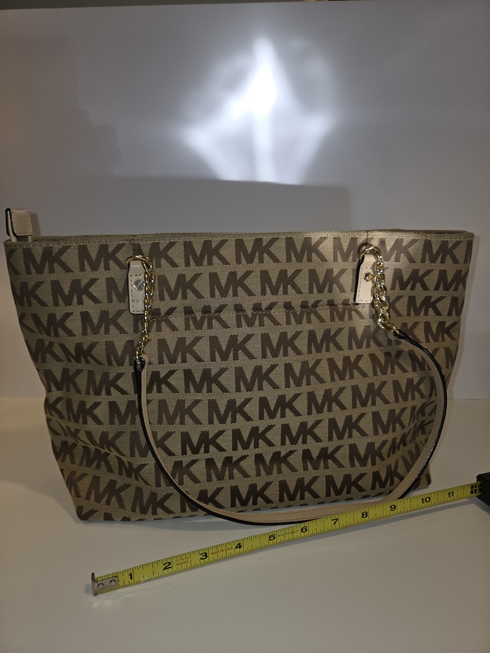 Michael Kors Beige/Tan MK Logo Tote with Gold Chain Straps